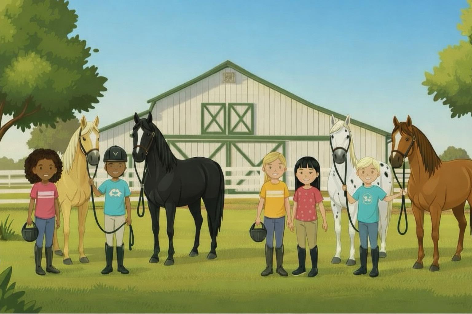 Kids enjoying summer horse camp with daily riding lessons at Circle Lake Ranch in Katy Texas
